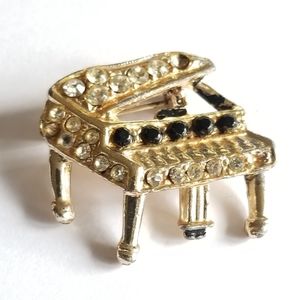 Vintage grand piano brooch gold tone rhinestone pin music musician pianist